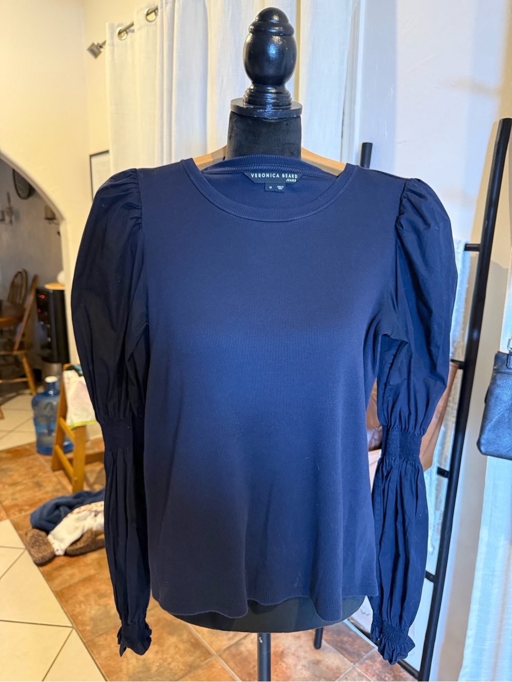 Veronica Beard Jeans Navy Pima Cotton Puff Sleeve Smocked Mixed Media Top Size M